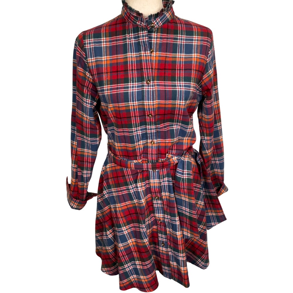 Kiel James Patrick Shirt Dress Womens S Red Plaid Flannel Ruffle Prairie Preppy